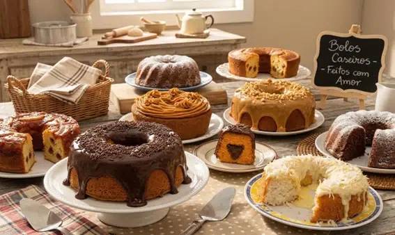 Bolos caseiros feitos com amor — mesa com variedade de receitas